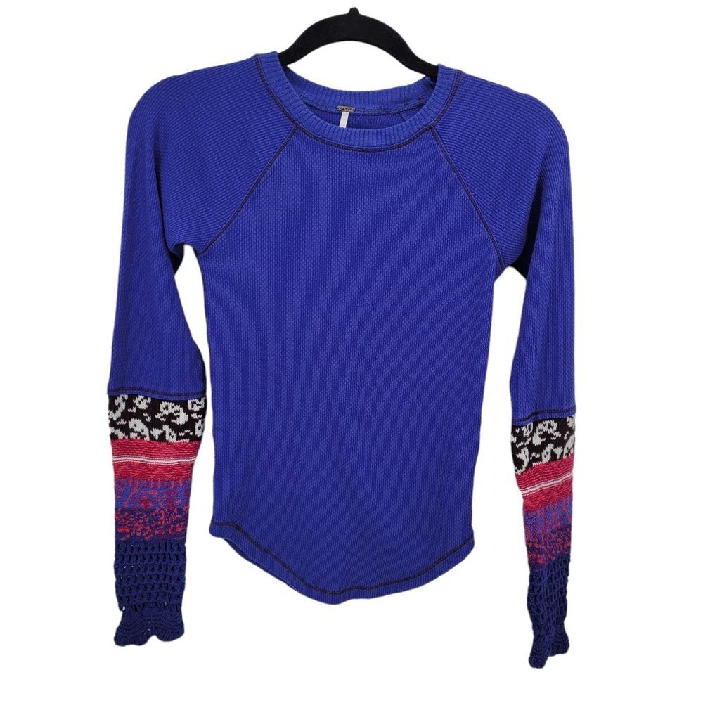 Free people womens xs blue In the Mix Cuff thermal long sleeve top crochet cuff